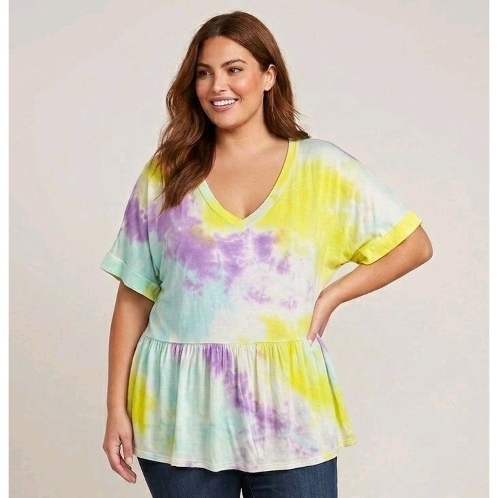 Haptics Tie Dye Babydoll Tunic Top Plus Size 2X Pastel Purple Yellow V-Neck